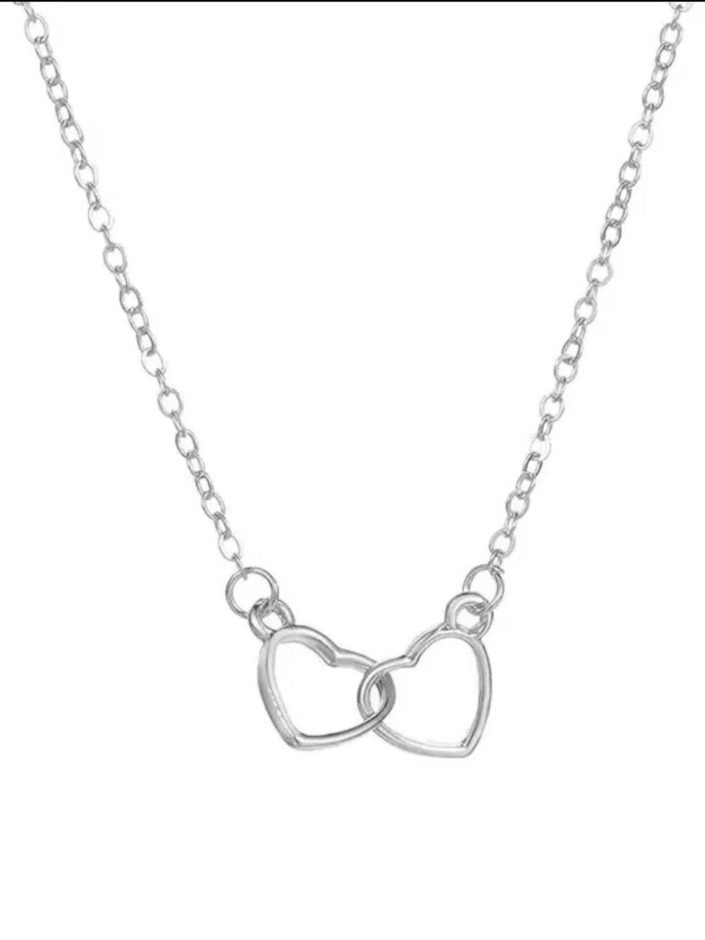 Minimalist Silver Interlocking Double Heart Charm Chain Necklace